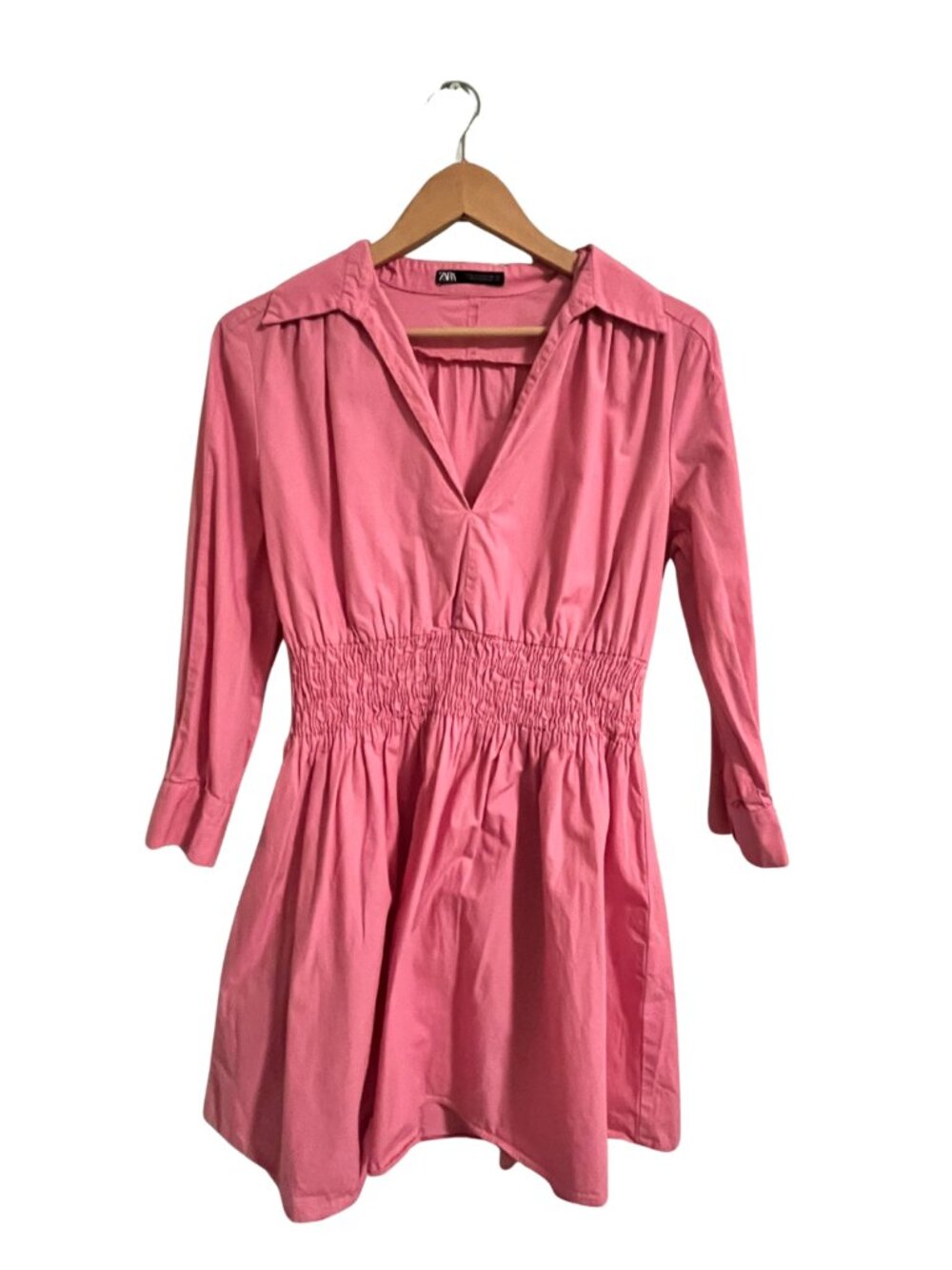 Zara Pink Cotton Poplin Mini Shirt Dress Smocked Waist Size M